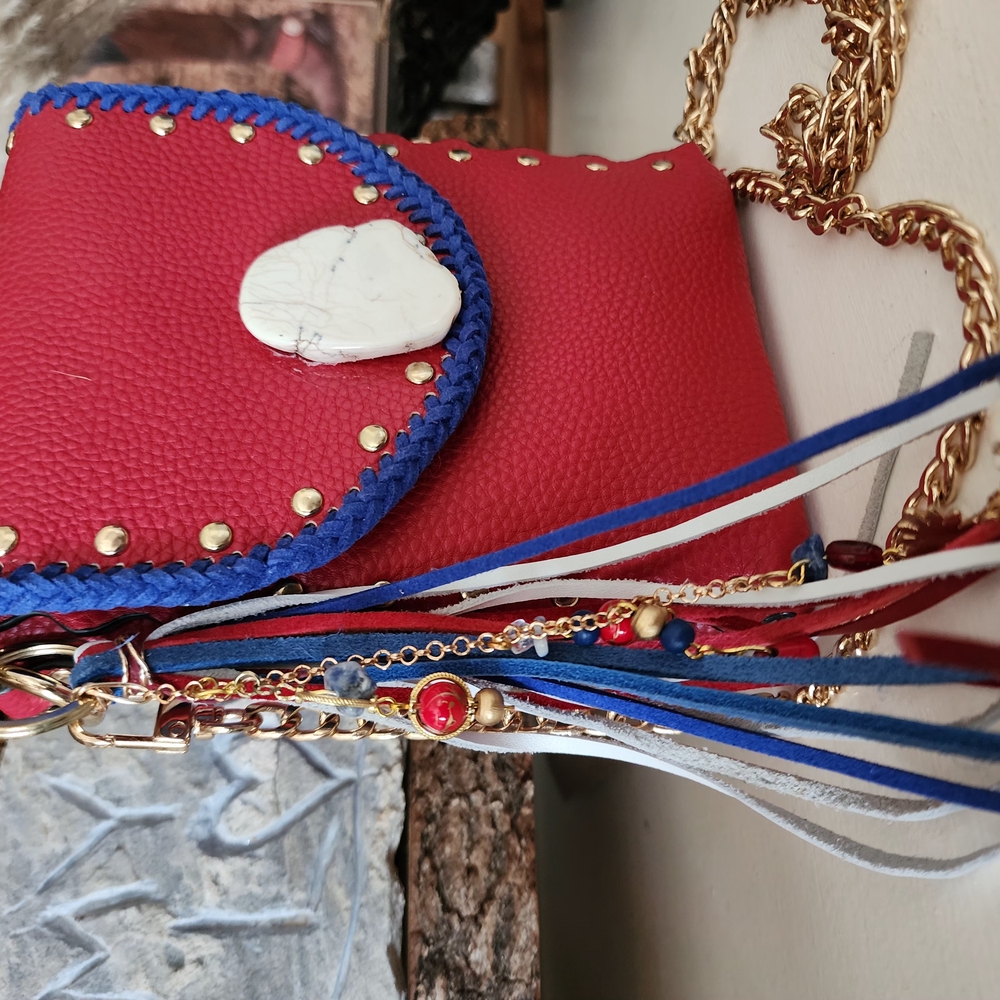 Red and Blue Crossbody Bag with Gold Chain
